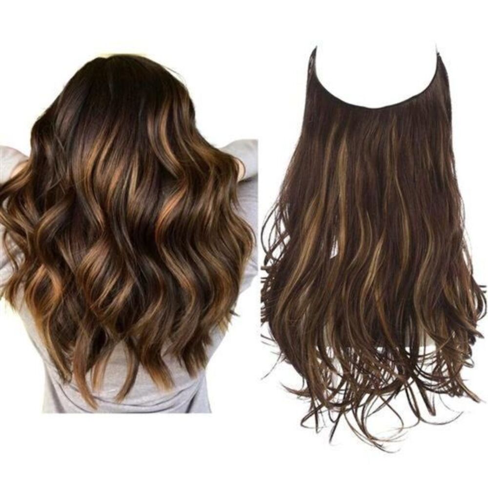 Highlight Halo Hair Extensions Dark Brown W/ Golden Wavy Curly Synthetic Long